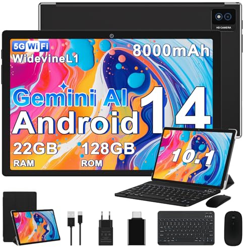 BIEGEDY 2026 último Tablet 10 Pulgadas Android 14 con Gemini AI, 22GB RAM + 128GB ROM (TF 2TB), Octa-Core 2.0GHZ, 8000mAh, GMS, Widevine L1, GPS, OTG,5G WiFi 6 & BT 5.0,Tablet Teclado y Raton Negro