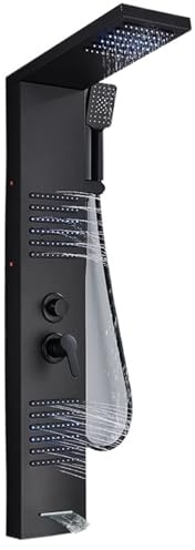 Svart LED duschpanel, torn, regnvattenfall, duschpelare, vattenkraft, badtunna, duschblandare (Nickel 6004)