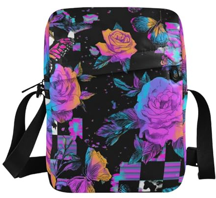 Bolso de mensajero para mujer, bolso cruzado para mujer, bolso cruzado para hombro, correa ajustable, estilo casual, estilo onda, rosas, mariposa, negro y morado
