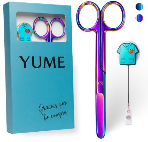 YUME Ciseaux infirmier en acier inoxydable avec porte-clés rétractable - Ciseaux à Bandage - Accessoire infirmiere pratique pour soins et usage quotidien (IRIDISCENT)