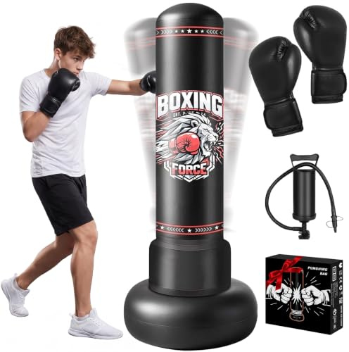 Sac de Boxe pour Enfants, Qoosea 170cm Sac de Frappe Gonflable avec Gants de Boxe, Punching Ball Enfant pour Karaté, Taekwondo, Idéal Cadeau pour Garçons & Filles