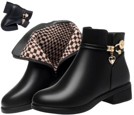 Bottes orthopédiques chaudes doublées de fourrure antidérapantes pour femme | Bottines d'hiver chaudes en cuir avec strass et talon carré pour personnes âgées et âgées