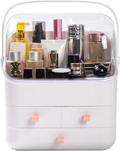 Haturi Caja organizadora de maquillaje, cosméticos, soporte de almacenamiento con cajones, asa portátil, tapa totalmente abierta impermeable a prueba de polvo, ideal para baño, tocador, encimera