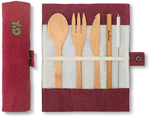 Bambaw Set posate in bambù | Legno | Kit posate ecologico | Coltello, forchetta, cucchiaio e paglia | Posate da viaggio | Da campeggio con custodia | Vino