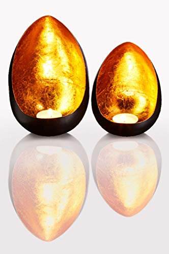 2er Set Windlicht Laterne orientalisch Namik Groß 20cm Gold | Orientalische Vintage Teelichthalter Schwarz von außen und Goldfarben innen | Marokkanische Windlichter aus Metall als Dekoration