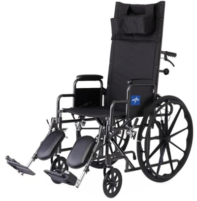 Medline Reclining Wheelchair, 18, with Elevating Leg Rests, Durable Vinyl, 300 lb. Weight Limit, Reclines 90 to 140 Degrees