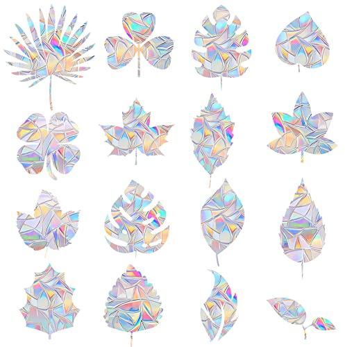 16 Pieces Leaf Window Decals for Bird Strikes - Anti-Collision Clings to Save Birds,Non Adhesive Vinyl Rainbow Suncatch Stickers, Easy Remove No Residue and Reusable
