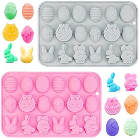 Qpout 2PCS Moules En Silicone De Pâques Moule À Chocolat, Oeuf De Pâques Lapin Moules De Cuisson Antiadhésifs Moule À Bonbons pour Enfants Fête De Pâques DIY Gâteau Au Chocolat Fournitures De Fête