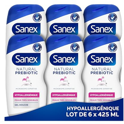 SANEX - Natural Prebiotic Hypoallergénique Gel Douche - Peau Très Sensible - Hydratation 12h - Complexe Prébiotique & Postbiotique - Testé Sous Contrôle Dermatologique - Sans Sulfate* - 425mL x6