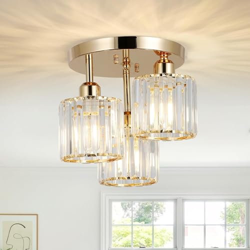 Rayofly Modern Crystal Chandeliers Ceiling Light, 3-Lights Crystal Chandeliers Living Room, Gold Semi Flush Ceilings Light Fittings for Hallway, Bathroom, Bedroom, Foyer, Kitchen Light Fixture