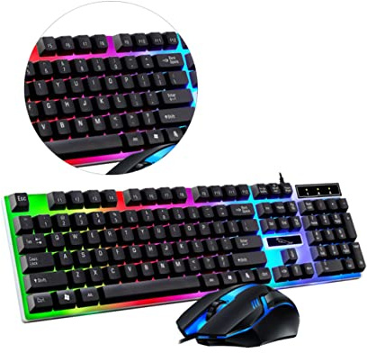 HEMOTON Clavier et Souris Filaires Noirs 104 Touches, Éclairage LED Coloré Respirant, Matériau Abs Robuste, pour Jeu sur PC