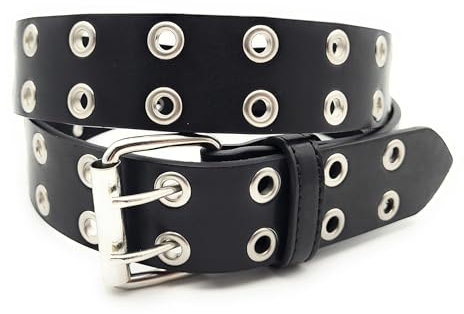 Lemasi 2-Loch Nietengürtel Ösen Gürtel Jeansgürtel Damen Herren echt Leder & PU schwarz (2-Loch schwarz, 125cm)
