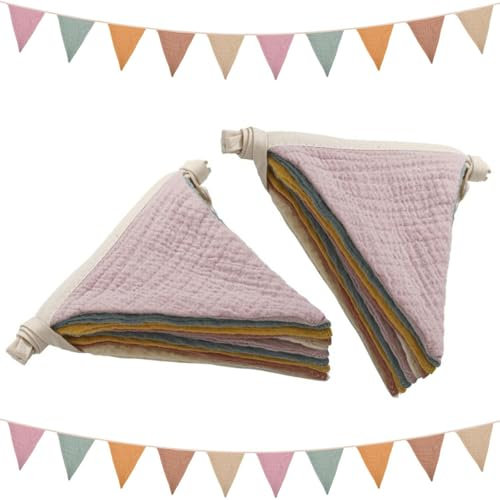 Wimpelkette Kinderzimmer Deko, 2 Stück Wimpelkette Kinderzimmer Wimpelkette Outdoor Beidseitig Bunte Wimpelkette Stoffgirlande Musselinstoff Girlande für Hausbett, Babybett, Kinderbett, Wanddeko