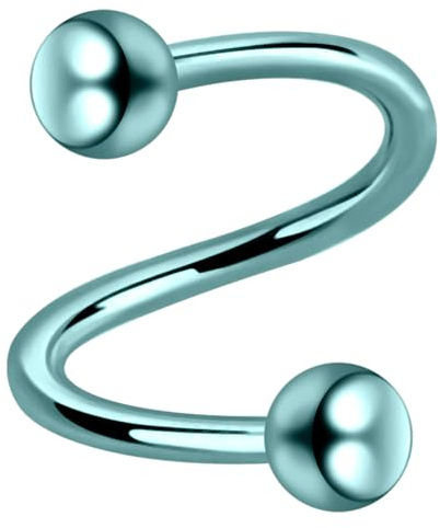 AZARIO LONDON Piercing en espiral de titanio anodizado de grado G23, calibre 16 (1,2 mm) con bola, barra para cejas, cartílago de oreja, barra para tragus, 8mm Length - 4mm Ball, Titanio anodizado, No