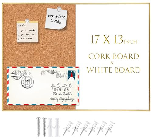 Okydoky Kork/trocken abwischbare Kombi-Tafel, 33 x 43,2 cm, magnetisch, trocken abwischbar, Kombinationstafel, goldener Aluminiumrahmen, Whiteboard und Korktafel (ZHBB-Gold-3343)