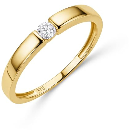 MIORE Anillos Mujer de Compromiso en Oro Blanco 375 9K - Oro Amarillo de 9 Quilates 375 Macizo con Diamante Solitario 0,10ct, Alianza de Boda Entregada Joyas con Joyero