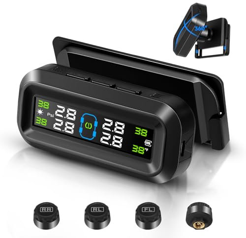 Tyre Pressure Monitoring System with Detached Bracket, Universal 2/4 Wheel TPMS Solar Wireless Car Tire Pressure Monitor with 4 External Sensors, 6 Alarm Modes, 0-5 bar, 0-87Psi for Car SUV Trailer