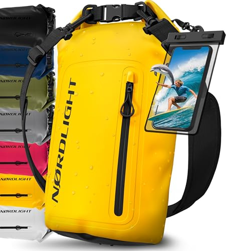Nordlight Dry Bag Vattentät Väska med Mobilfodra+ Rullstängning, Axelrem | Drybag Vattentät Ryggsäck Packsäck Våtbag Packväska | Simning Strand Stå Upp Paddling Kanotpaddling - Gul, 30 Liter