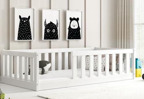 Interbeds Bodenbett Kinderbett Montessori 160x80cm Einzelbett Bett für Jungen und Mädchen (Weiß)