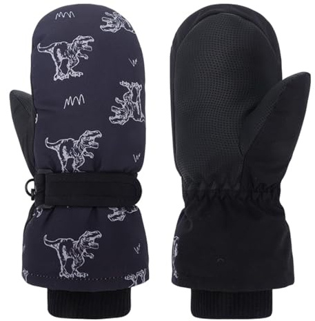 Jupsk Guantes de esquí de invierno para niños, guantes de dinosaurio, guantes térmicos impermeables de felpa para niños pequeños de 3 a 5 años (negro)