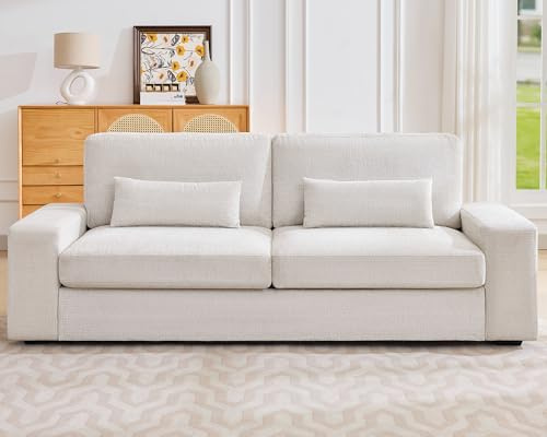 LUXOAK Divano a 3 posti da 220 cm con profondità di seduta di 59 cm, divano moderno con braccioli larghi, facile da montare, ideale per soggiorno, camera da letto o sala giochi, ciniglia beige