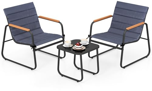 COSTWAY Ensemble Bistrot pour Patio 3 Pièces, Table et Chaises avec Coussins Amovibles Plateau en Verre Trempé, Salon de Jardin en Métal avec Sièges Respirants, pour Patio (Accoudoirs Bois-Plastique)