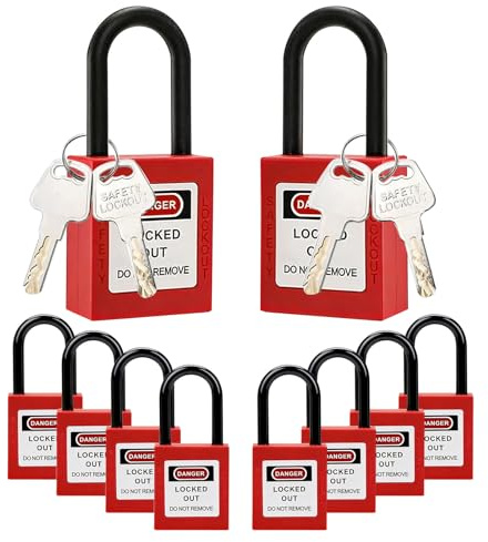 10 Pack Safety Lockout Padlocks with Keys and 2-Sided Labels | 10 Keys for Lock Out Tag Out Stations and Devices, Industrial, Electrical, Hydraulic and Pneumatic Applications (Red)