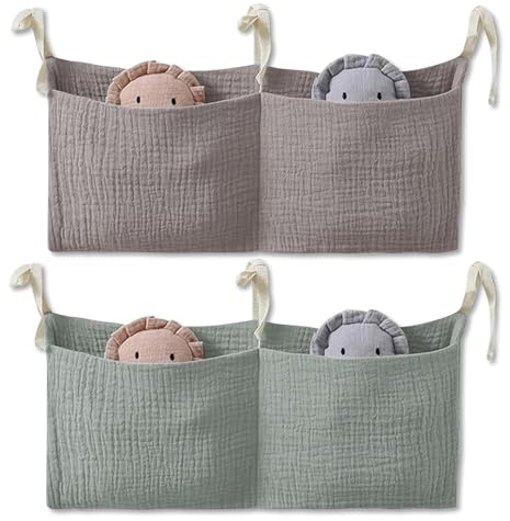 Organisateur de lit de bébé comprend 2 sacs de rangement réglables à suspendre avec 2 poches, organisateur pour lit d'enfant pour ranger les couches, les vêtements et les jouets