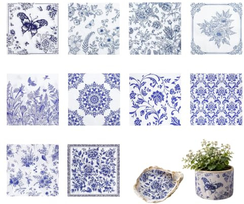 Tapufitil 30 Unidades Servilletas Azul y Blanco, Servilletas con Motivo de Flores, Servilletas de Papel Desechables 33x33cm para Manualidades DIY, cumpleaños Infantiles y Fiestas de Baby Shower