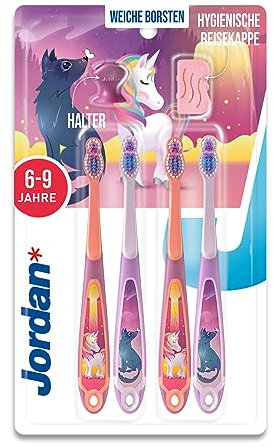 Jordan ® | Step 3 Zahnbürste Kinder | Kinder zahnbürste für 6-9 Jahre | Weiche Borsten, doppelter ergonomischer Griff & BPA-frei | Rosa und Blaue Farbe | Pack 4 Einheiten