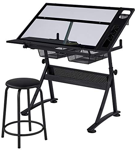 Yaheetech Height Adjustable Glass Drafting Table with Tilting Tabletop Artist Craft Desk with Open Drawers & Shelf, 121 x 60cm Black Office Workstation with Glass Tabletop