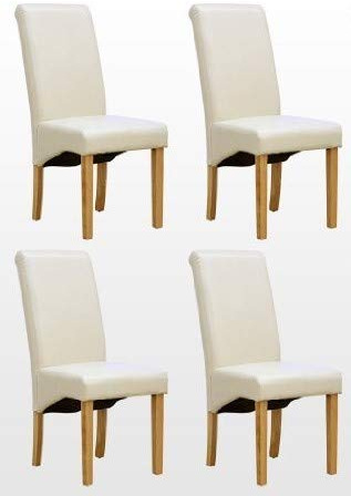 folk Set of 4 Faux Leather Dining Chairs Roll Top High Back with Solid Wooden Legs Oak Finish for Home & Dining Living Room Bedroom Kitchen (Cream/Ivory)