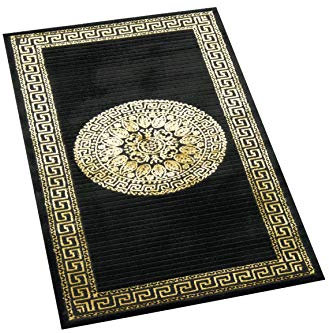 CARPETIA Teppich Wohnzimmer mit Bordüre Mäander Muster schwarz Gold Größe 60x110 cm