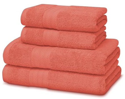 Victorio & Lucchino Juego de Toallas 100% Algodón - 2 Toallas Baño Ducha 70x140cm + 2 Toallas Lavabo 50x100cm - Color Coral