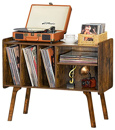 Lerliuo Record Player Stand with 4 Cabinet Holds Up to 220 Albums, Large Turntable Stand with Beech Wood Legs, Mid-Century Record Player Table,Brown Vinyl Holder Storage Shelf for Bedroom Living Room