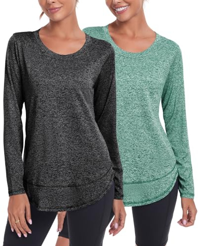 Deaviya Womens Long Sleeve Sports Tops UK, Sport Yoga T-Shirt Workout Running Tops, Crew Neck Quick Dry Golf Activewear Ladies Gym Sports Top, XL,Black+Green