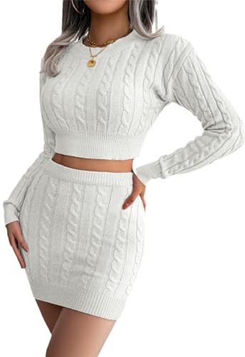 EGSDMNVSQ Abito Donna Abito Aderente in Maglia Set 2 Pezzi Pullover Corto Top Mini Gonna in Maglia Abito Maniche Lunghe Pullover Girocollo Abito Invernale Tinta Unita in Maglia Gonna Abito