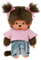 Sekiguchi 253845 - Original Monchhichi Mädchen mit Jeans und T-Shirt, ca. 20 cm großes Kuscheltier aus braunem Plüsch, Rosa
