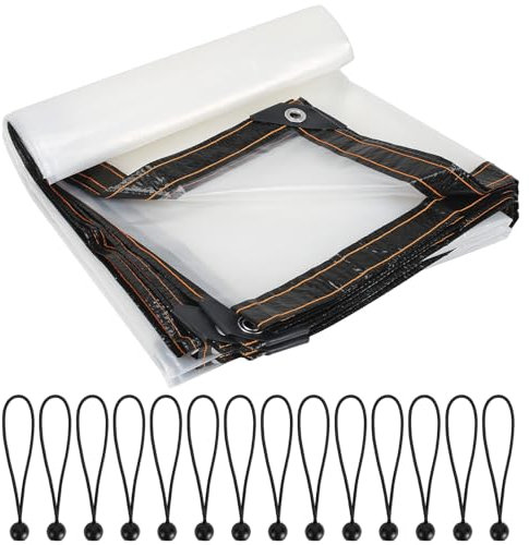 Luabue Bâche transparente imperméable et résistante avec œillets - 2 x 5 m - Avec 14 tendeurs à billes - Pour serre, jardin, meubles d'extérieur, abri de jardin
