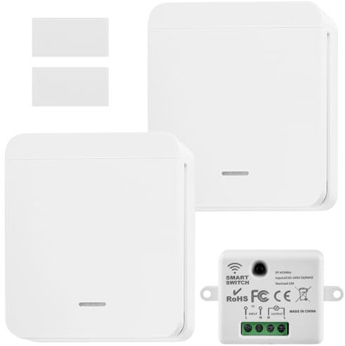 2 Stück Funkschalter, Funkschalter Licht Set, Funk Lichtschalter Ohne batterie, Funk-Sender-Sicherheitsschalter und Empfänger-Controller, Keine Verkabelung Erforderlich, Funk-Wandschalter (20-100m)