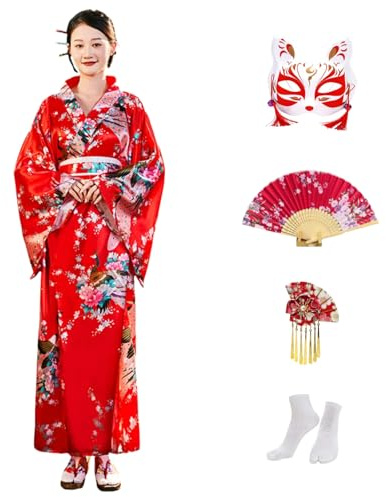 CRFASIBE 5 Piezas Kimono Mujer, Tradicional Japonés Largo Kimono con Estampado de Pavo Real, Albornoz Yukata Vestido Batas para Fotografía Cosplay (Rojo)