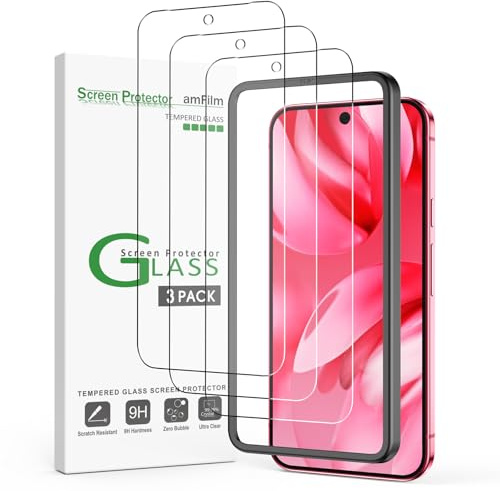 amFilm 3-pack för Google Pixel 9A skärmskydd, härdat glas, ultraljudsfingeravtryck kompatibel, med enkel installationsram, repfri, bubbelfri, fodralvänlig