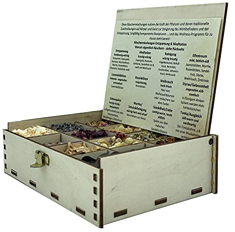 Presentask röklåda med 12 sorter rökelseblandningar för släpp och meditation, 14 x 10 x 4 cm