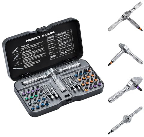 VMAN Juego de destornilladores de trinquete, juegos de destornilladores magnéticos 40 en 1, puntas de acero S2, eje flexible de combinación de bricolaje, adecuado para montaje de muebles, reparación