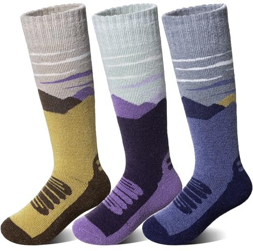 SeeyAN Kids Merino Wool Ski Socks Boys Girls Thermal Warm Boot Thick Winter 3 Pairs Cozy Socks For Skiing & Snowboarding (Purple/Blue/Brown, 8-12 Years)