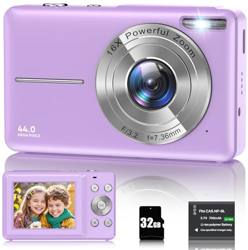 Digitalkamera 1080P, 44MP Fotokamera 16X Digitalzoom Kamera, Vlogging Fotoapparat Kompaktkamera mit 2,4 LCD Bildschirm, 32G Micro Speicherkarte, 1 Akku für Kinder Teenager Studenten Anfänger-Violett