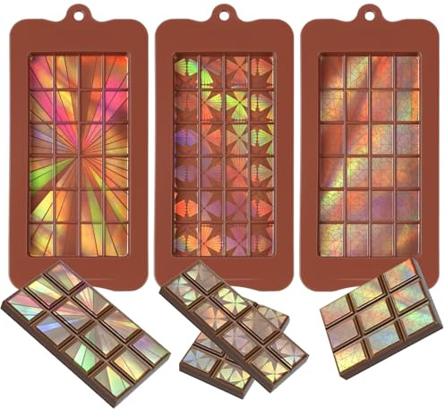 Dengthrive Molde Chocolate: Paquete de 3 Siliconas Holográficas Moldes Silicona Reutilizables para Hornear Que Vienen en 3 Formas Diferentes, Perfectas para Hornear Cera de Jabón de Chocolate y Más