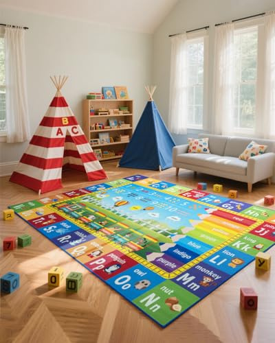 Unirea 4x6 Kids Rug for Playroom Bedroom Living Room, Washable Educational Play Mat with ABC Alphabet, Numbers, Animals for Classroom, Nursery, Colorful Learning Carpet for Toddlers, Rainbow