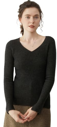 YuanDiann Damkashmir pullover stickad tröja V-krage höst vinter ull tröja 35 % kashmir 65 % ull mjuk hudvänlig varm bekväm elegant kashmir tröja, Rökbrun, M