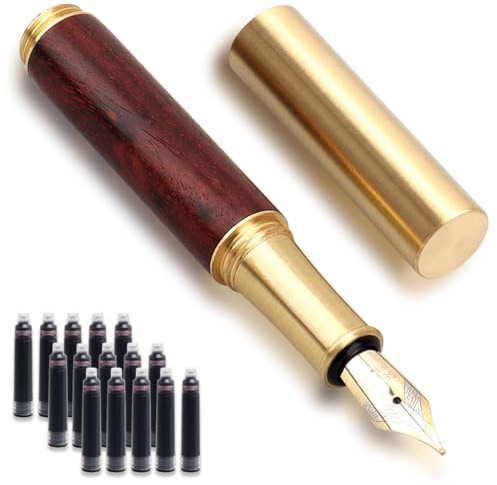 Cheynn Mini Füllfederhalter aus Holz, Kurzer Tasche Füllfederhalter 0,5mm Feiner Spitze Vintage Dunkelrot Kalligraphie Füller mit 15 Schwarz 2,6 mm Ersatzteile für Journaling Büro Schulbedarf Reise